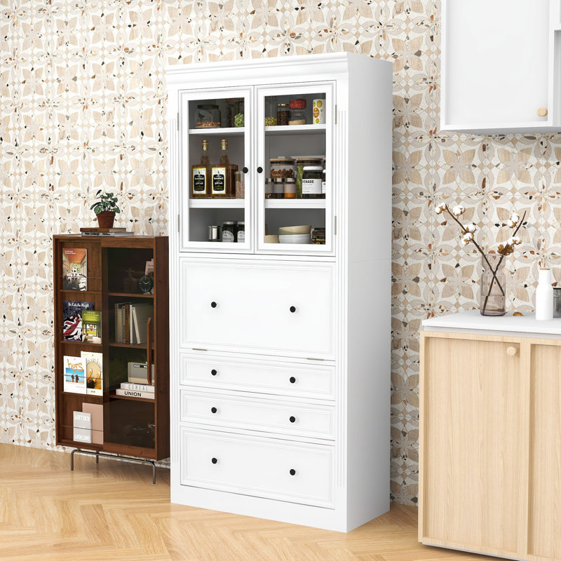 Armoire de cuisine avec 3 tiroirs, tablettes réglables, prise de courant et ports USB, Blanc