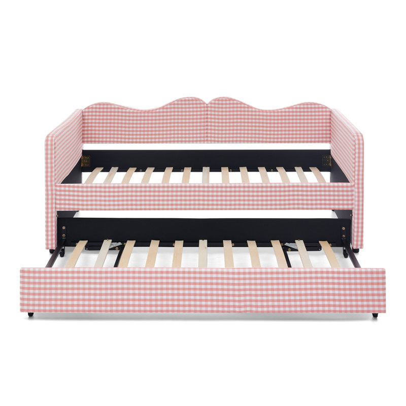 Lit de jour simple, lit de jour rembourré en vichy équipé d'un cadre de lit gigogne escamotable et d'une poche de rangement latérale, canapé-lit multifonctionnel en bois massif pour chambre d'enfant et chambre d'amis - Rose