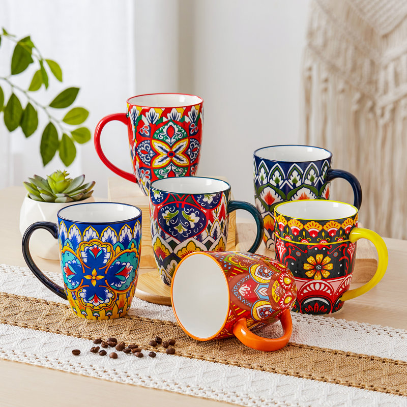 Ensemble de 6 tasses à café bohèmes colorées en céramique de 473 ml (16 oz).