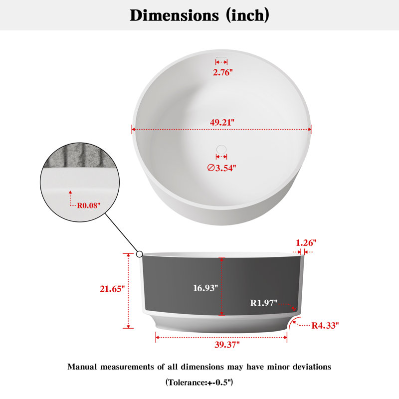 49.27“Round Freestanding Bathtub Solid Surface Stone Resin Soaking Tub