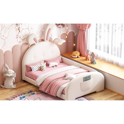 White Twin Size Platform Bed With Legs - Headboard & Cute Rabbit Design And Strong Support Slats