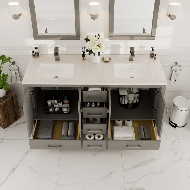Gray Double Sink Bathroom Vanity with White Quartz Countertop