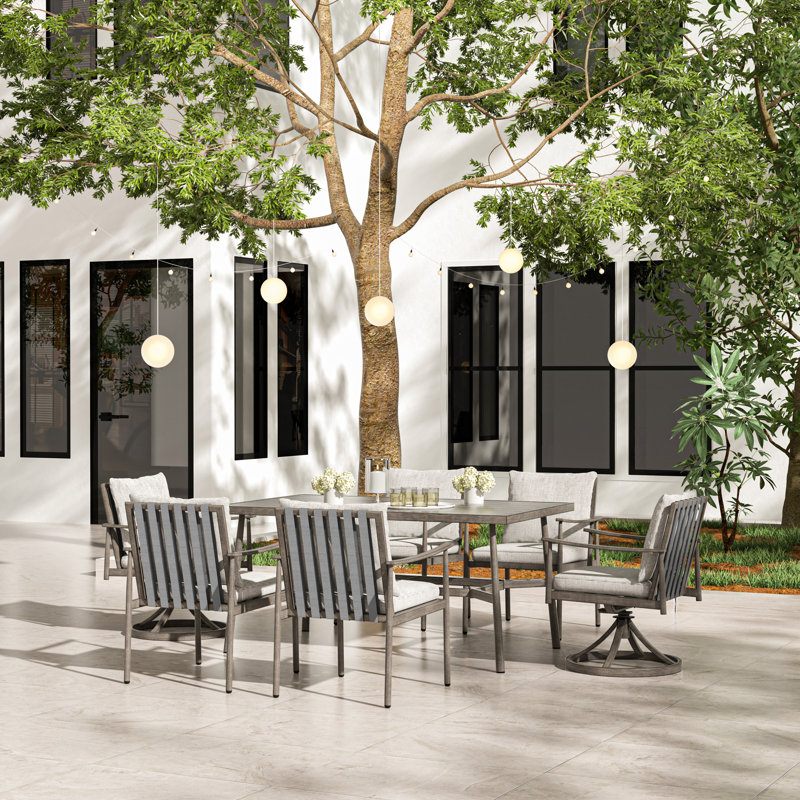 Mariene 7-Piece Rectangular Outdoor Dining Set with Cushions , Gray, Beige