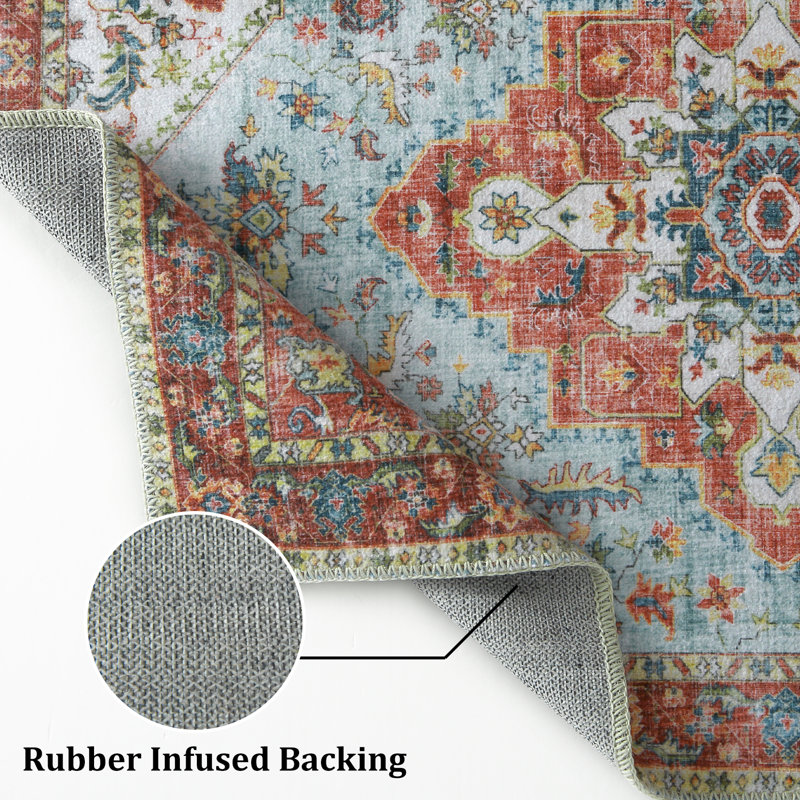 Tapis oriental en polyester fabriqué à la machine en rouge / bleu, Tapis de couloir 2 pi x 6 pi