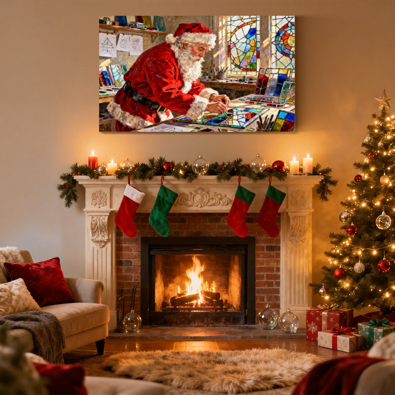 «Christmas Santa Crafting», ensemble de 3 impressions sur toile en vitrail, H 12 po x l 18 po