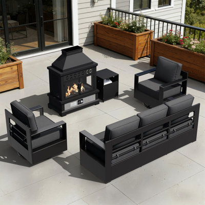 Ensemble de conversation d'extérieur en aluminium 5 pièces avec foyer, support pour bouteille de gaz, chaises pivotantes, canapé et coussins gris