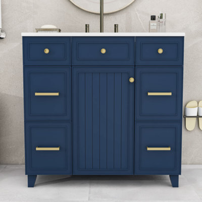 Meuble-lavabo de salle de bain avec lavabo en céramique, tablette réglable et tiroirs