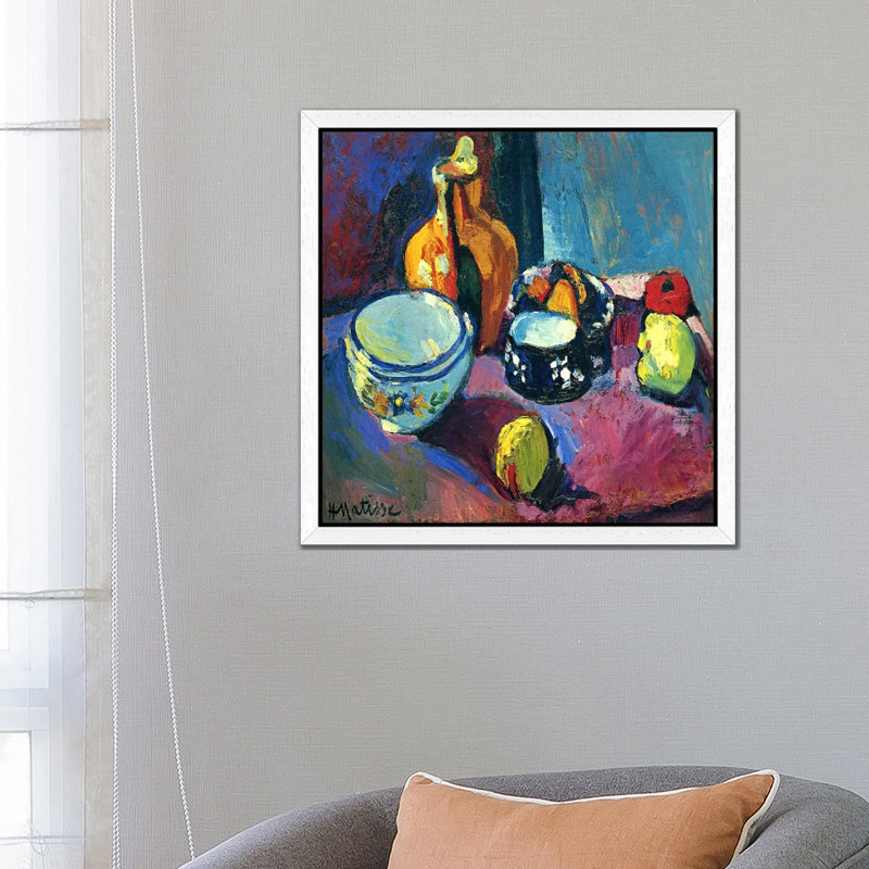 Dishes & Fruit by Henri Matisse - Floater Frame Painting on Canvas, 45.72 cm H x 45.72 cm W, White