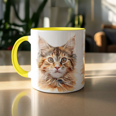 Cat Design 11oz Accent Mug – Ceramic Coffee Cup with Colored Handle and Interior