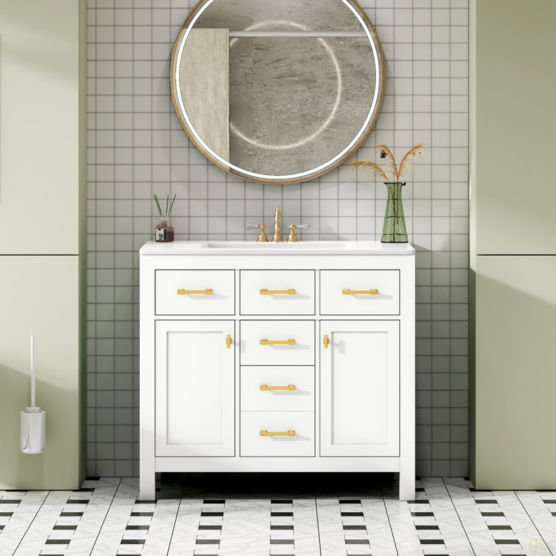 Ensemble de meuble-lavabo 36 po avec lavabo en céramique, meuble-lavabo simple autoportant moderne à 4 tiroirs et 2 armoires, meuble de rangement pour la salle de bain, ensemble de meuble-lavabo à cadre en bois massif