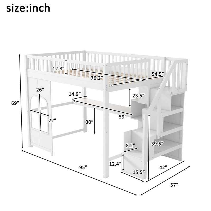 Lit mezzanine avec DEL, USB et fenêtre, Lit double, Blanc