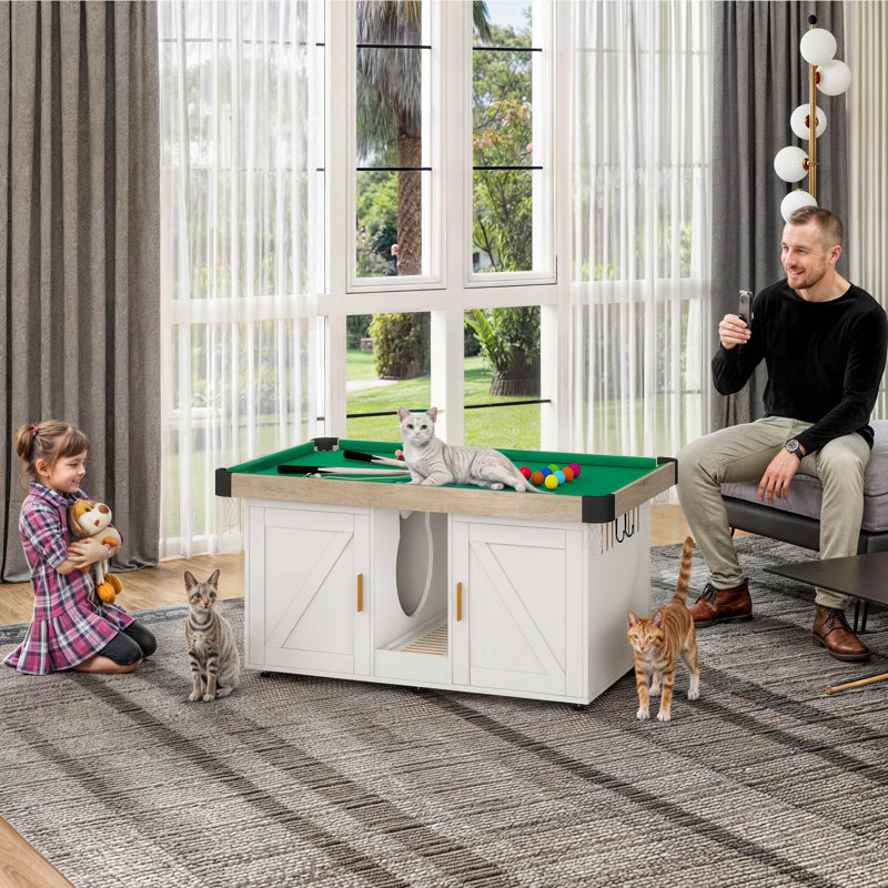 White Wooden Cat Litter Box Enclosure with Mini Pool Table