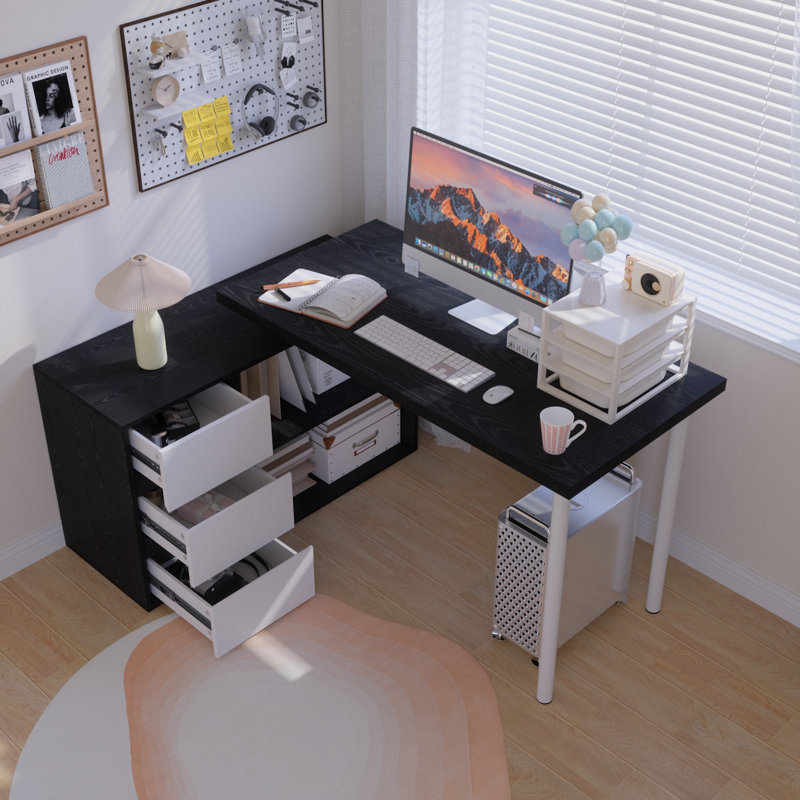 Luitgard 53'' W L-Shaped Writing Desk, Black/Black/White