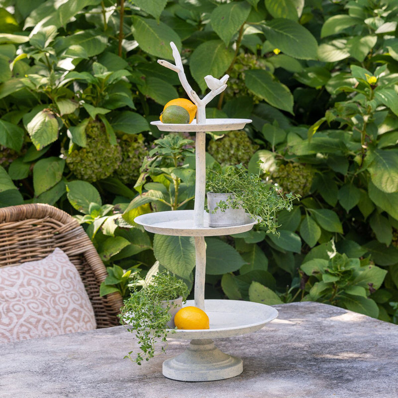 Antique White Iron Bird Tiered Plant Stand
