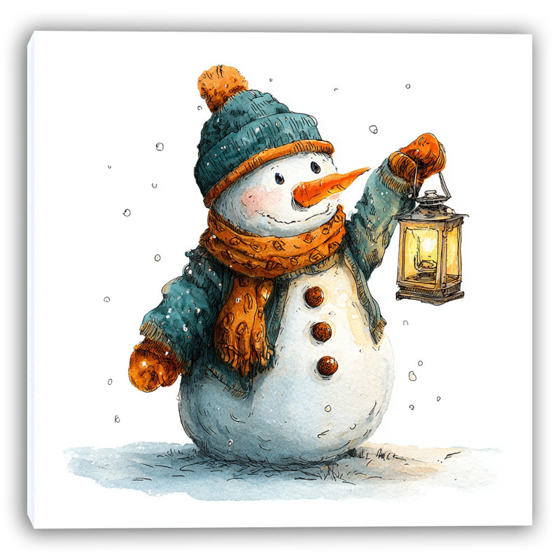 Bonhomme de neige avec lanterne, art mural sur toile tendue, H 20 po x l 20 po