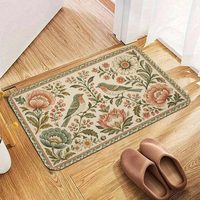 Tapis lavable antidérapant vintage en flanelle à motif floral rétro pour entrée de cuisine, 16 x 24 po