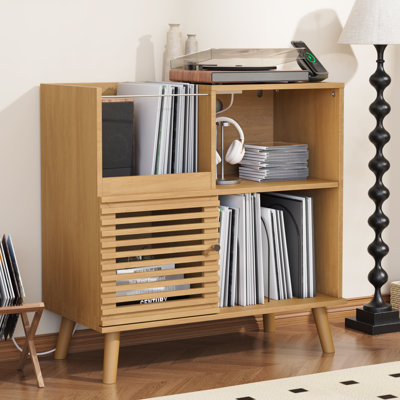 Record Player Stand With Power Outlet, Vinyl Record Storage Table Holds Up To 200 Albums, Mid-century Turntable Stand With Slatted Doors For Living Room, Bedroom, Oak