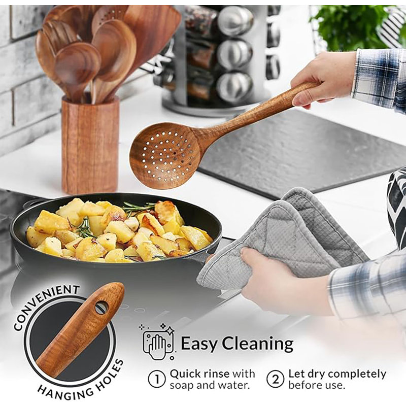 Teak Wood 10-Piece Cooking Utensil Set with Holder