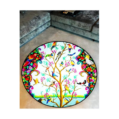 Tapis décoratif avec motif de branches et de fleurs multicolores et détails de perroquet et d'oiseau