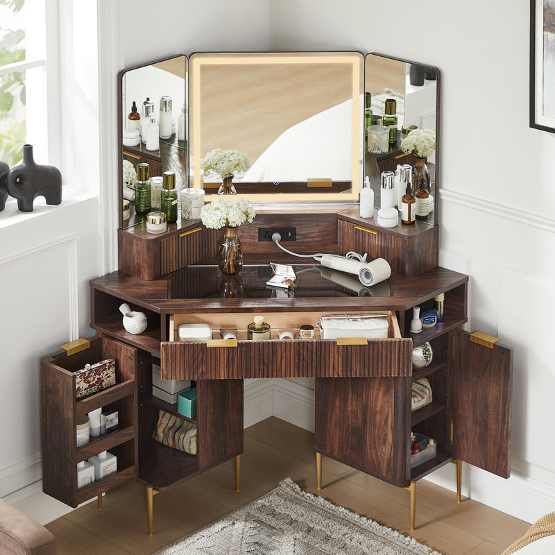 48" Corner Makeup Vanity With 3 Led Mirror, Dark Walnut