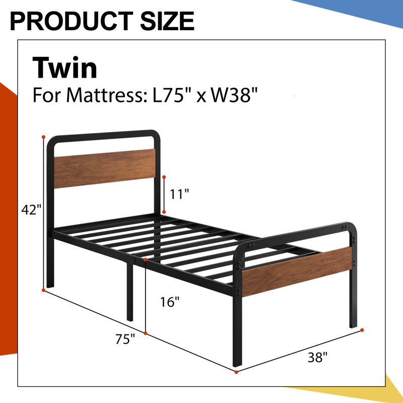 16 Inch Bed Frame with Wood Headboard and Footboard, Twin
