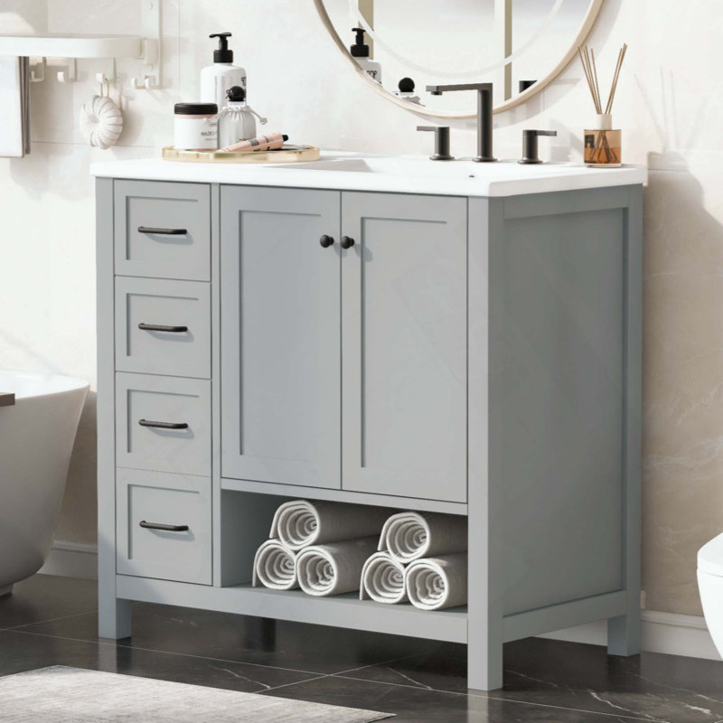 Meuble-lavabo pour salle de bain avec comptoir, meuble-lavabo avec deux portes et deux tiroirs, bois massif, tablette ouverte, panneaux de fibres à densité moyenne, deux ensembles