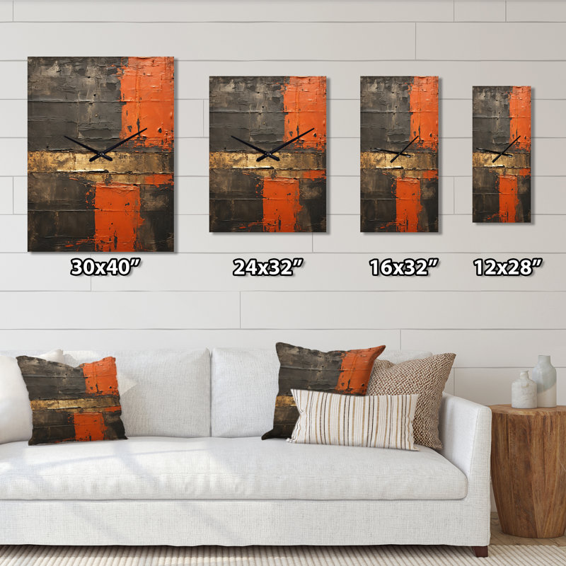 Passage dans le temps délavé orange sur fond noir - horloge murale moderne, H 28 po x l 12 po x P 1 po