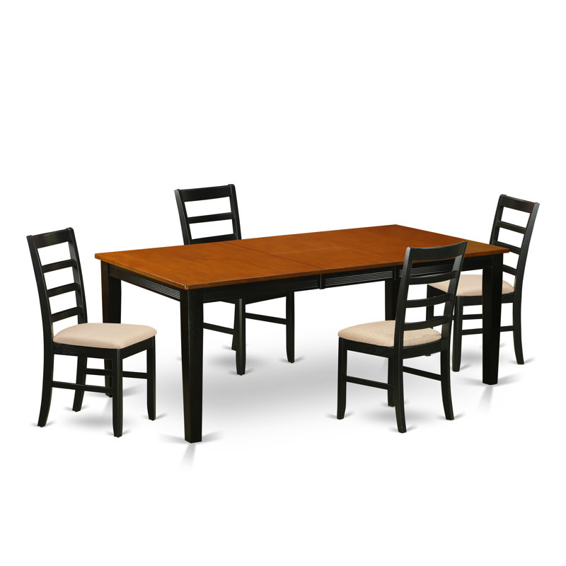 5 Piece Dining Room Table Set Includes a Rectangle Kitchen Table with Butterfly Leaf and 4 Linen Fabric Dining Chairs, Black & Cherry