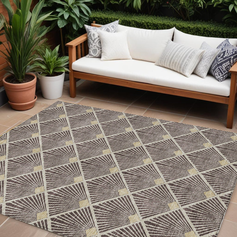 Tapis intérieur et extérieur lavable géométrique 10 pi x 14 pi brun et beige