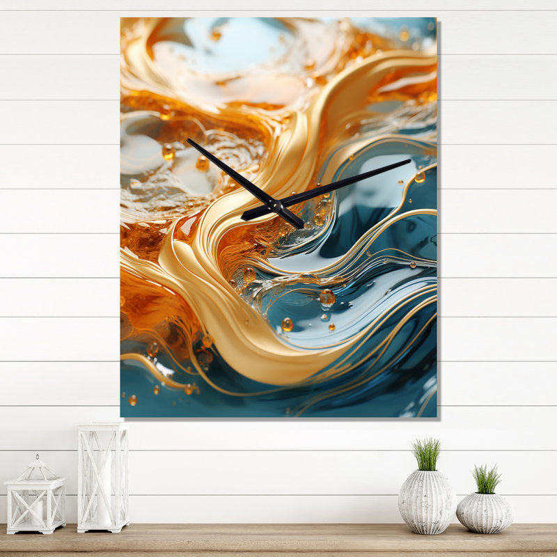 Horloge murale Bold Gold Elegant Wave On Blue - Abstract Shapes, Grand
