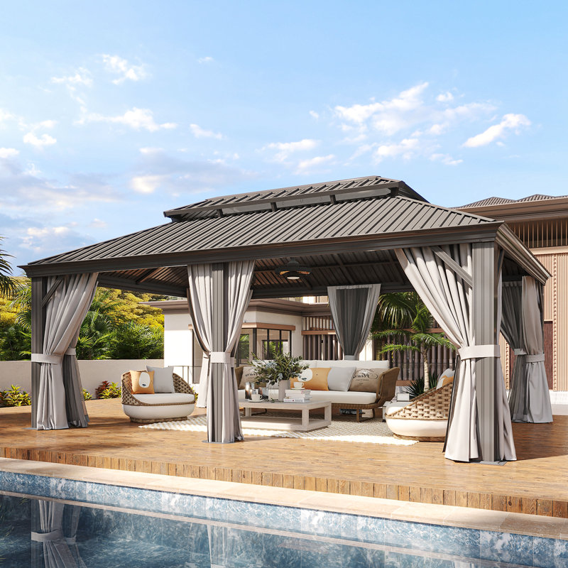 Pavillon de jardin à toit rigide avec structure en aluminium et double toit en acier galvanisé, L 20 pi x P 14 pi