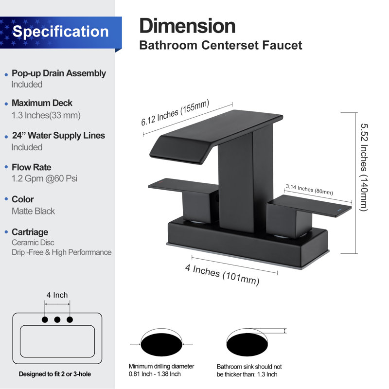 Centerset 2-handle Bathroom Faucet with Drain Assembly, Matte Black