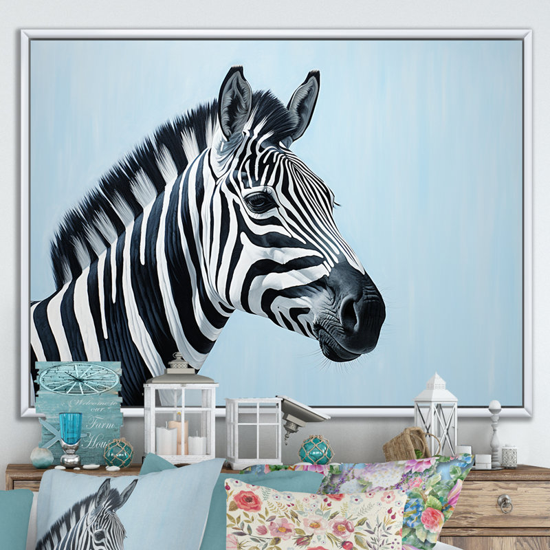 Motif zébré noir et bleu, H 30 po x l 40 po x P 1,5 po, Cadre flottant blanc