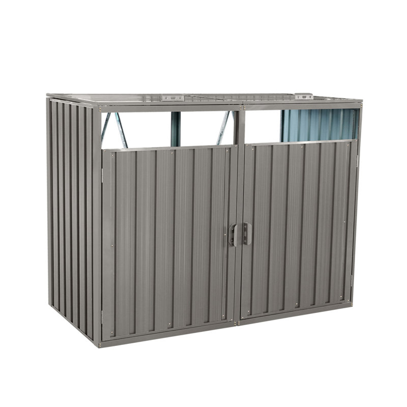 Garbage Bin Shed Stores 2 Trash Cans Metal Outdoor Bin Shed For Garbage Storage,Stainless Galvanized Steel, Bin Shed For Garden Yard Lawn,Grey