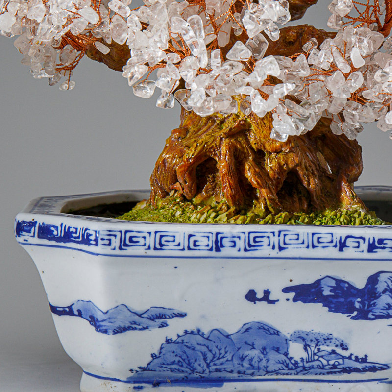 Genuine Quartz Gemstone Bonsai Tree in Oval Ceramic Pot (12" H x 13" W)