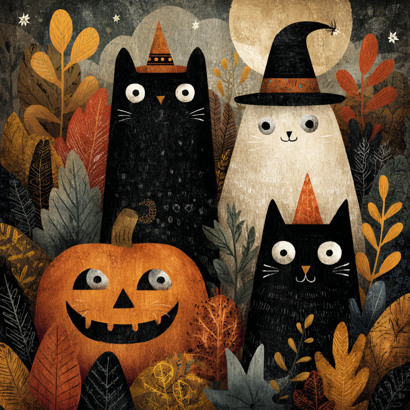 Chats avec citrouille, art mural d'Halloween