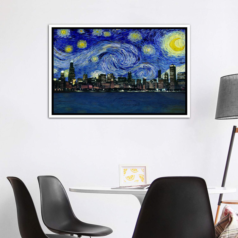 Chicago, Illinois, nuit étoilée, impression d'art graphique, H 40 po x l 60 po x 1,5 po, Toile blanche encadrée