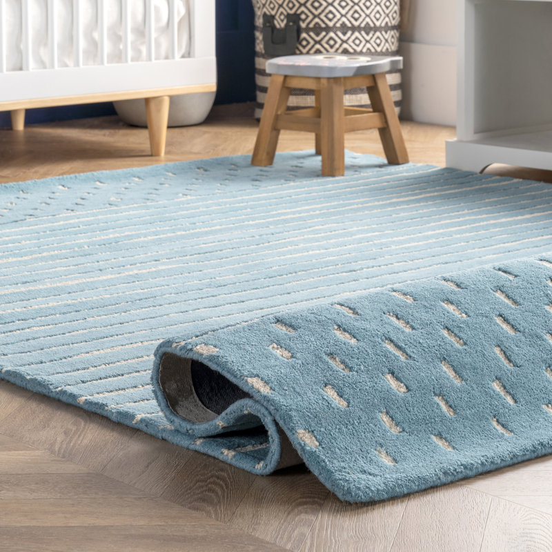 Clarita Striped Wool Baby Blue Area Rug, Rectangle 6' x 9'