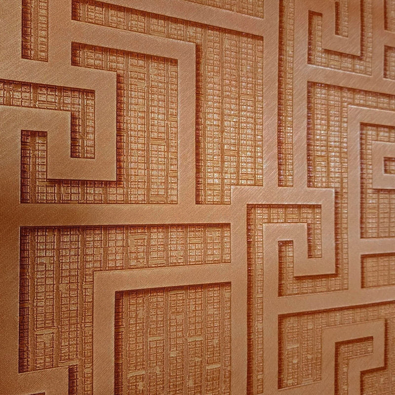 Versace Orange Red Copper Metallic Greek Key Lines Textured Wallpaper 3d