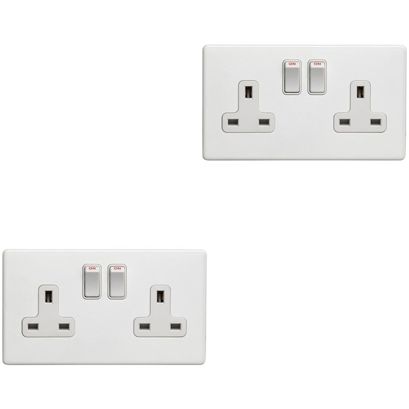 2 PACK 2 Gang Double DP 13A Switched UK Plug Socket SCREWLESS MATT BLACK Power, White, White