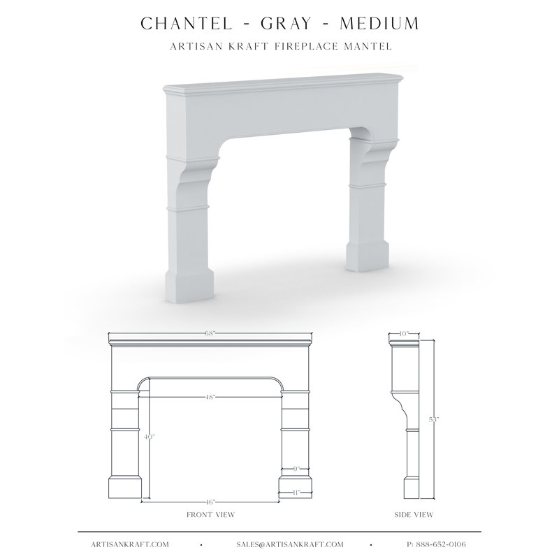 Chantel Cast Stone Mantel With Bullnose Hearth, Gray, 57" H x 74" W x 10" D