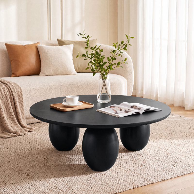 Table basse ronde moderne en bois massif, piètement à 3 pieds, idéale pour le salon et la chambre., Black