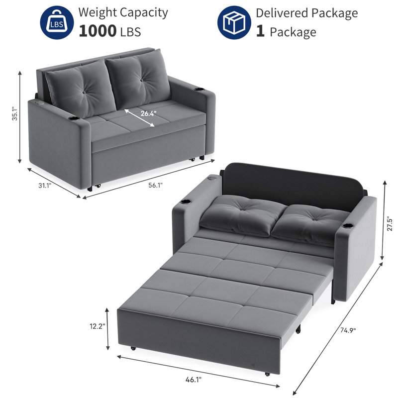 Canapé-lit convertible 56 po 3-en-1 en velours, Gris