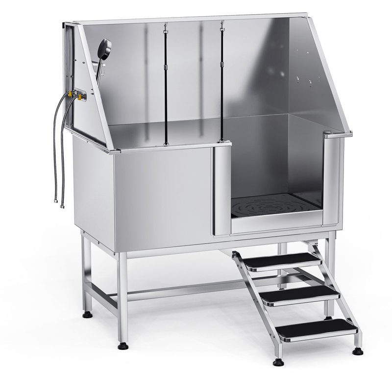 Dog Grooming Bath Tub Stainless Steel w Stairs Water Filter, 60.80" H x 50" W x 27.60" D