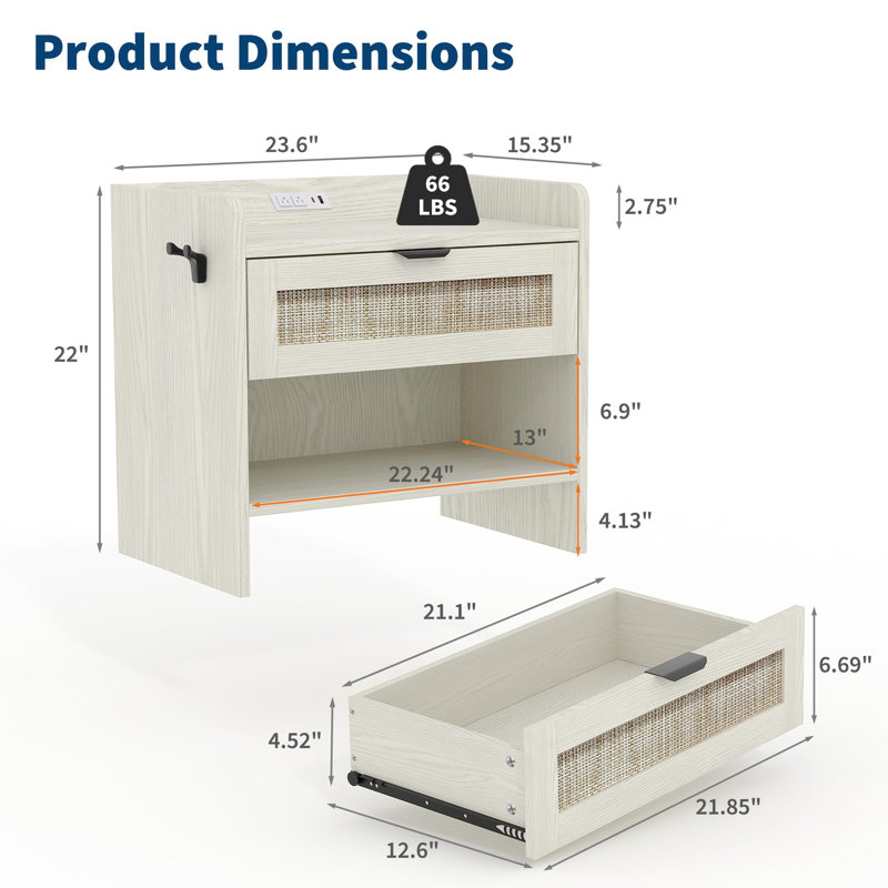 Ensemble de 2 tables de chevet en rotin – Table de chevet bohème avec station de recharge USB-C, 1 tiroir et espace de rangement ouvert
