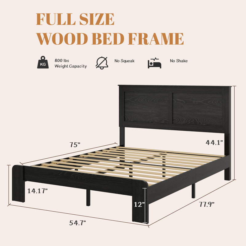  Structure de lit double avec plateforme en bois, support robuste, aucun sommier requis, rangement sous le lit, noir foncé