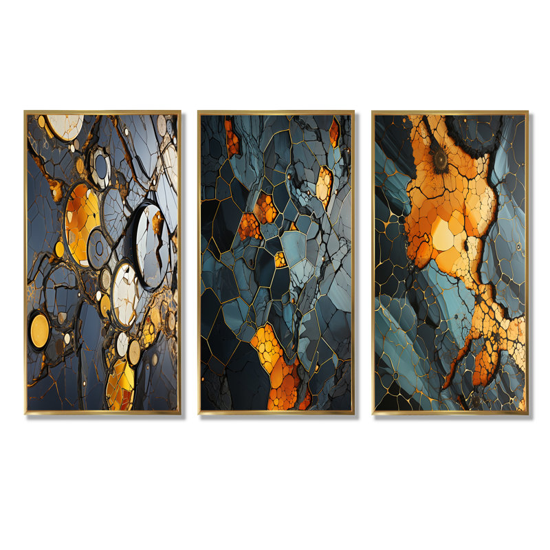 Marbre jaune et noir Elegance I - ensemble de salon mural abstrait géométrique 3 pièces, Cadre flottant doré