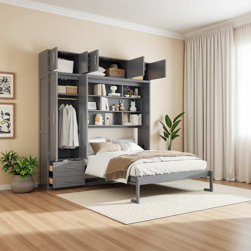 Grand lit escamotable mural avec armoire supérieure, tablettes et garde-robe, lit pliable peu encombrant, Gris