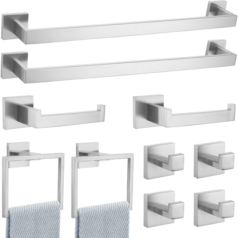 Bathroom Hardware Set, 10-Piece Stainless Steel Towel Rack And Holder Set, Wall-Mounted For Modern Bathrooms, Brushed Nickel