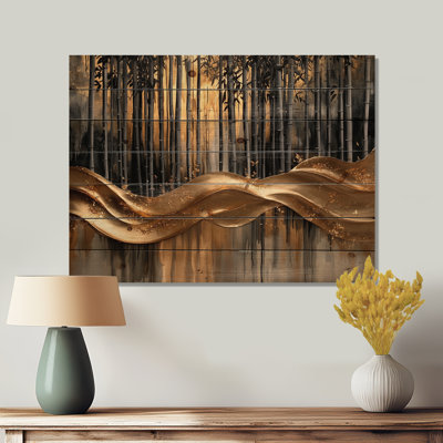 Golden Arashi Yama Bamboo River III - Bamboo Wood Wall Art - On Natural Pine Wood